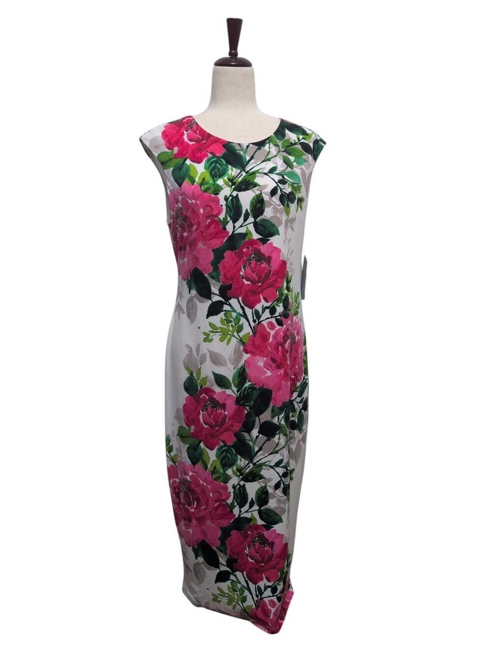London Times Rose Print White Sleeveless Sheath Dress Size 12 New